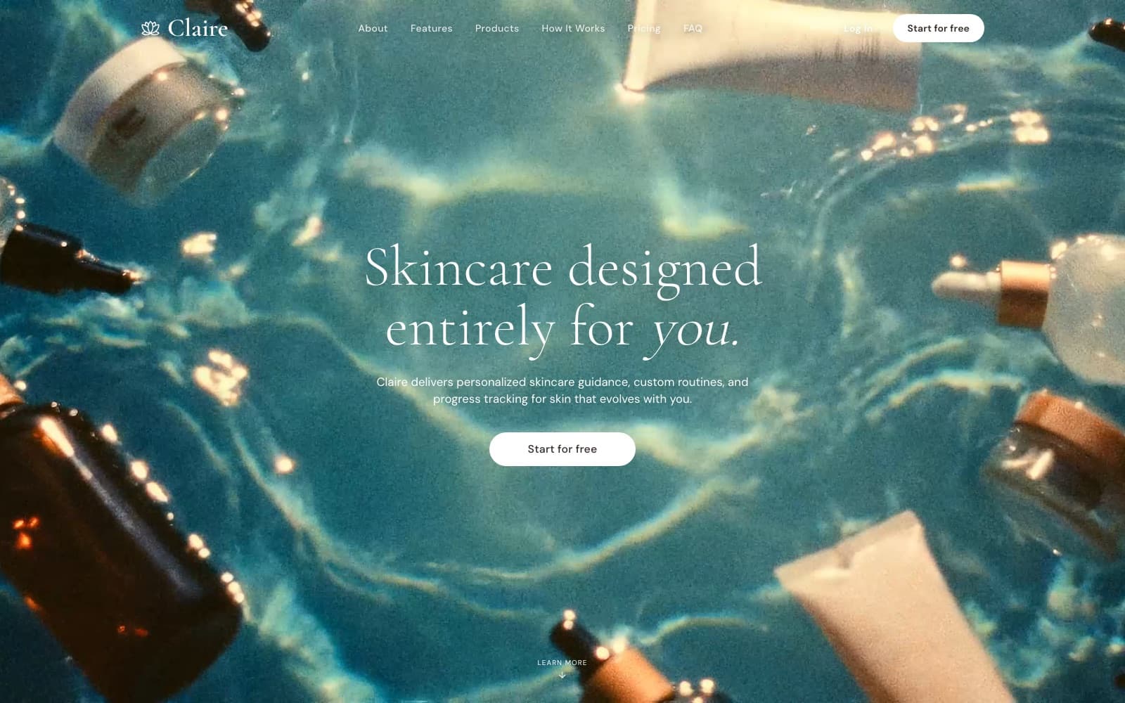 Claire Skincare home page hero with products in water