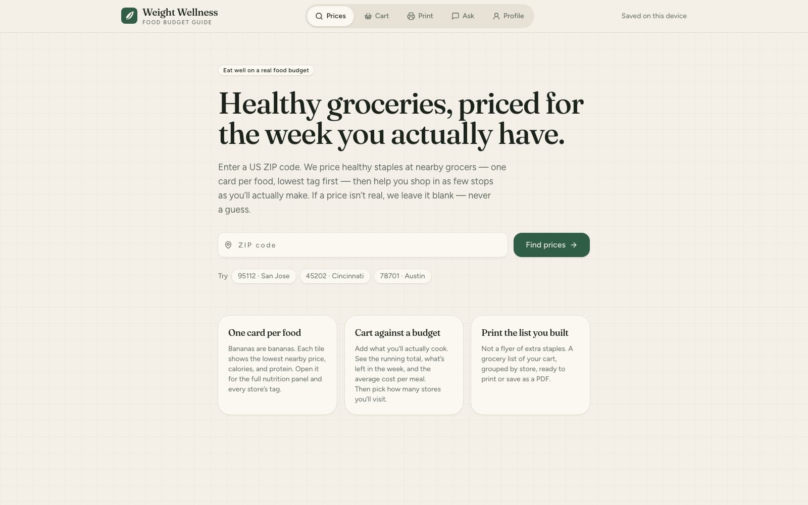 Grocery Planning home page: headline, ZIP-code search, and feature cards
