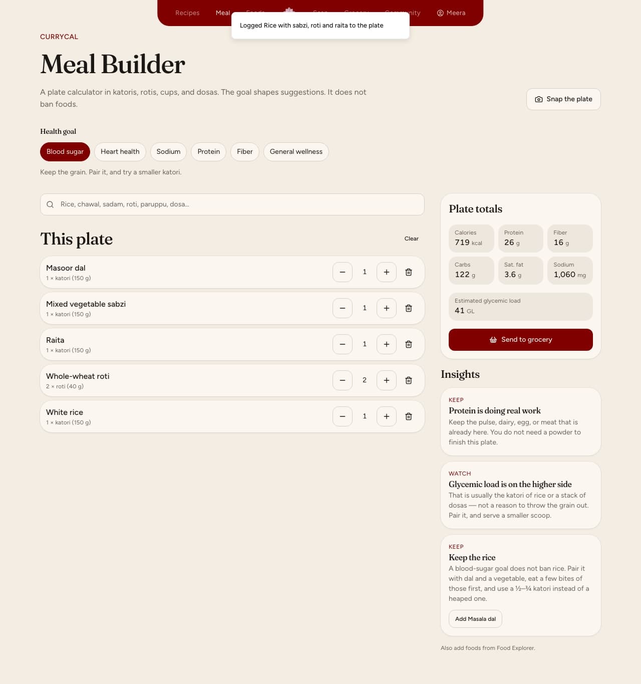 Saffron plate builder with totals, insights, and send-to-grocery