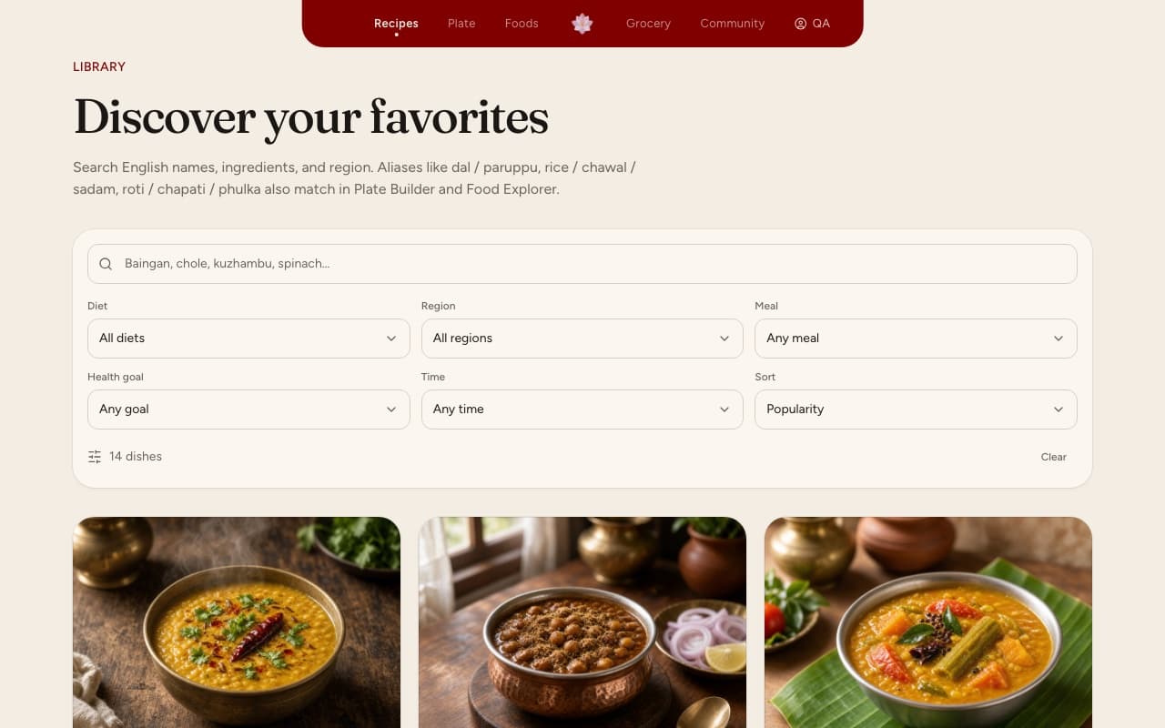 Saffron recipe library with search, filters, and dish cards